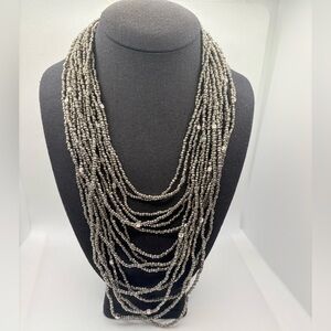 Vintage Dark Silvertone Multi Strand Seed Bead Necklace Boho 16”